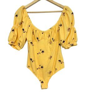 Free People Bodysuit Top Womens S Butter Yellow Milkmaid Babydoll Puff Sleeve